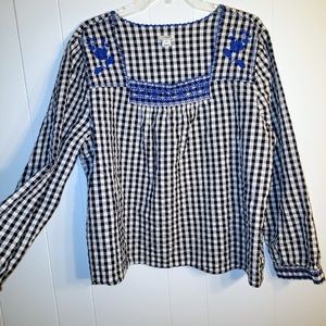 J Crew XXL Black White Gingham Plaid Peasant Top